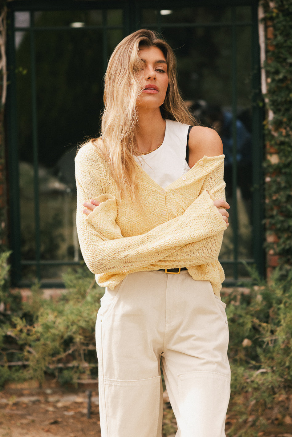 Knit cardigan sweater in yellow