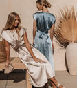 satin wrap short sleeve dress in champagne and blue