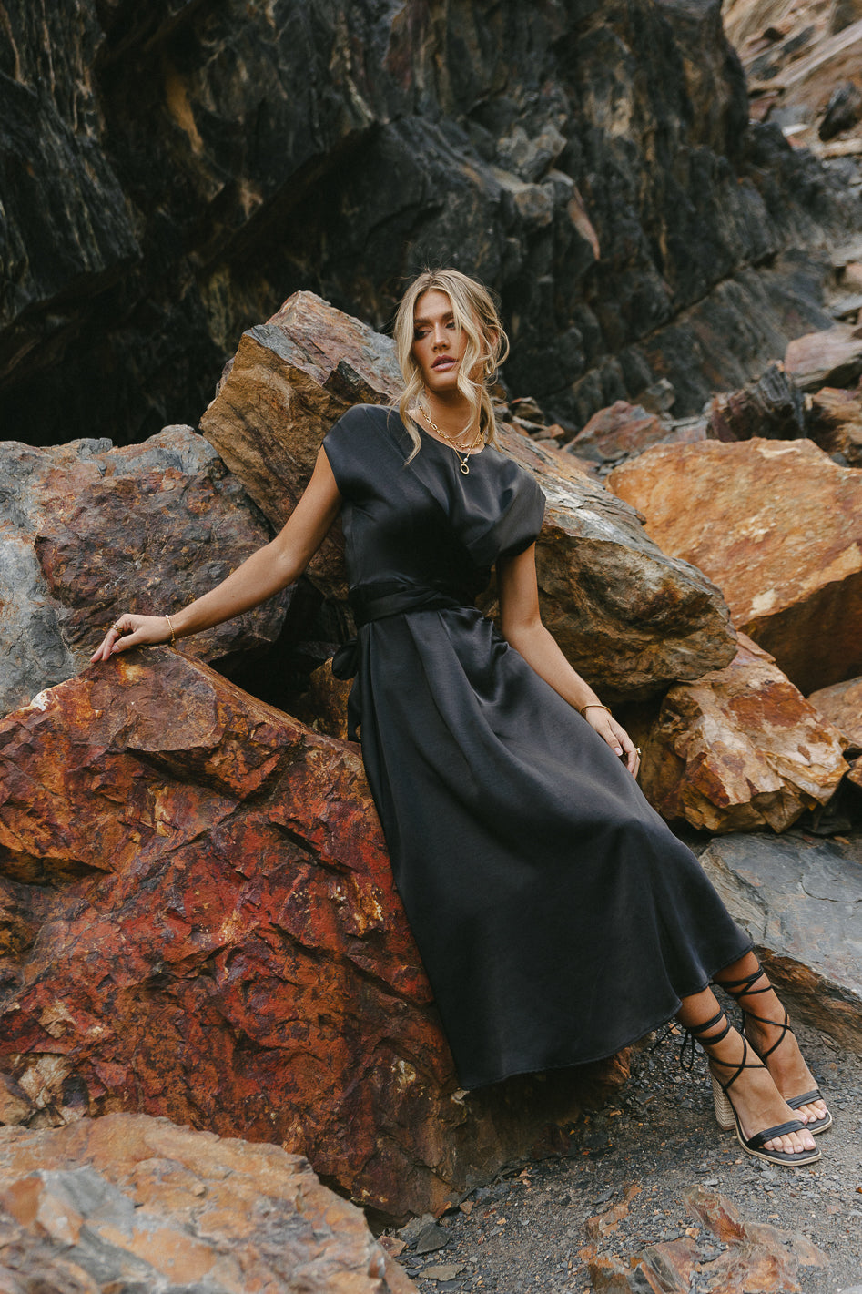 black satin midi dress