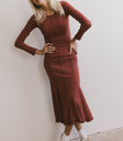 LONG SLEEVE BODYCON RIBBED DRESS IN RUST