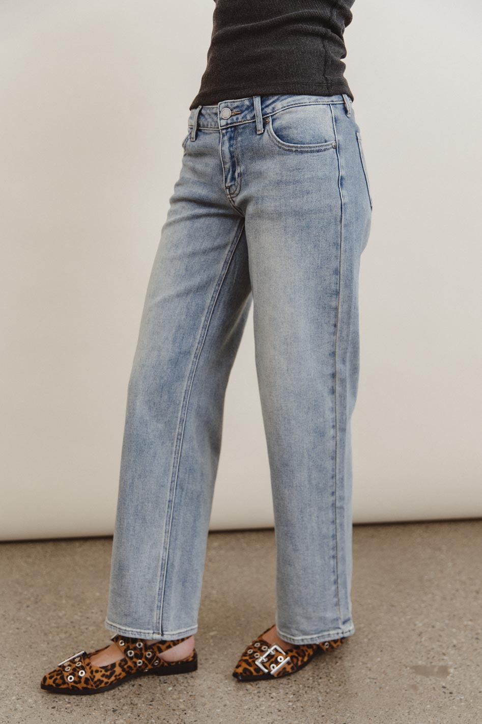 Straight leg denim in medium wash