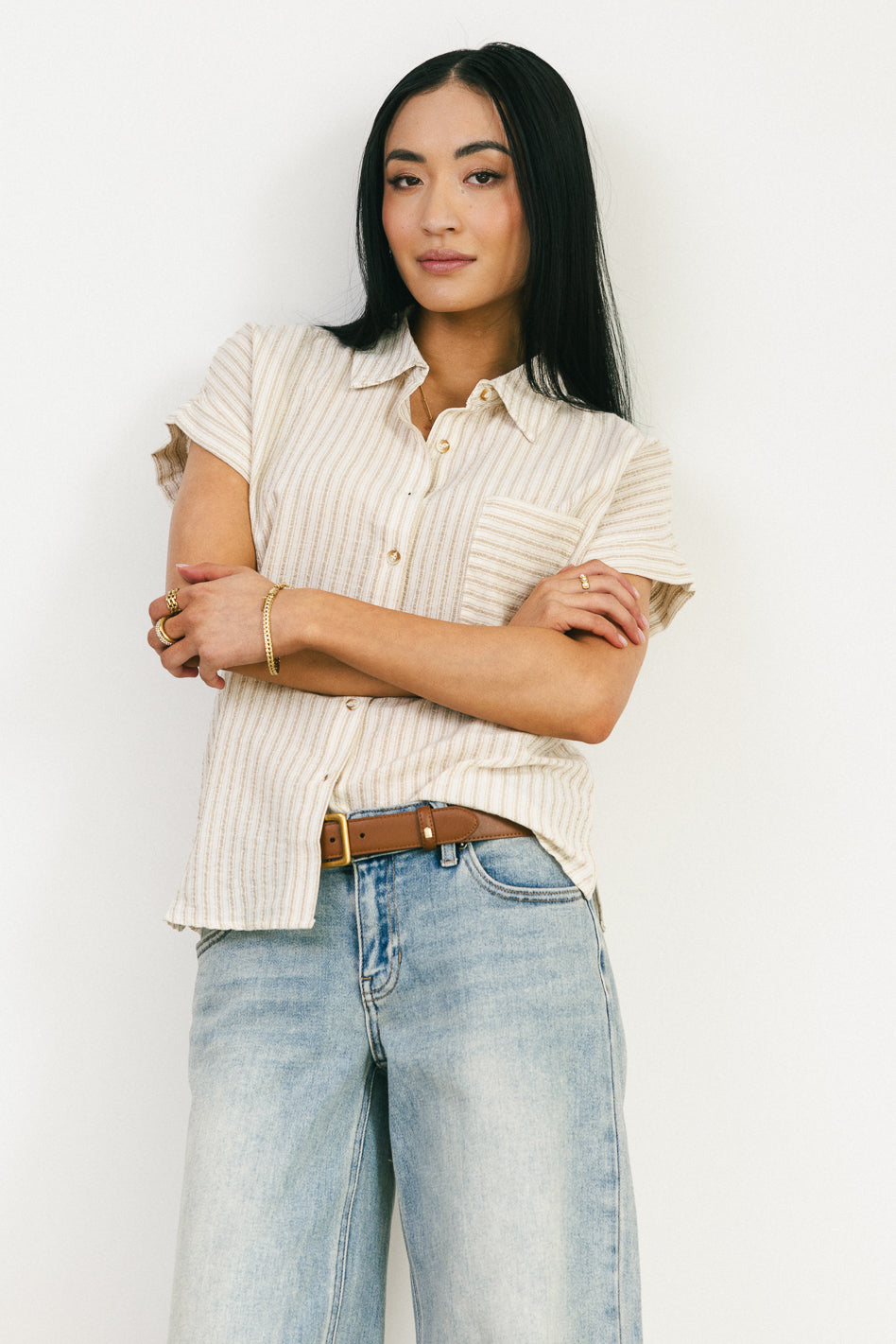 tan and cream striped shirt