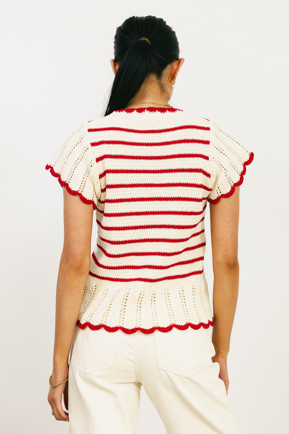 Plain color striped top in red