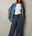 navy pants with stripes