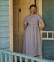 short sleeve brown and ivory striped midi dress