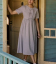 brown striped midi dress with short sleeves