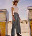short sleeve basic tee with striped wide leg pants