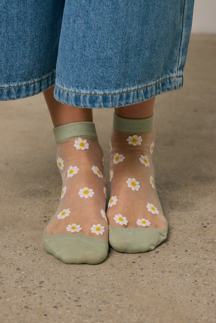 striped floral socks in sage