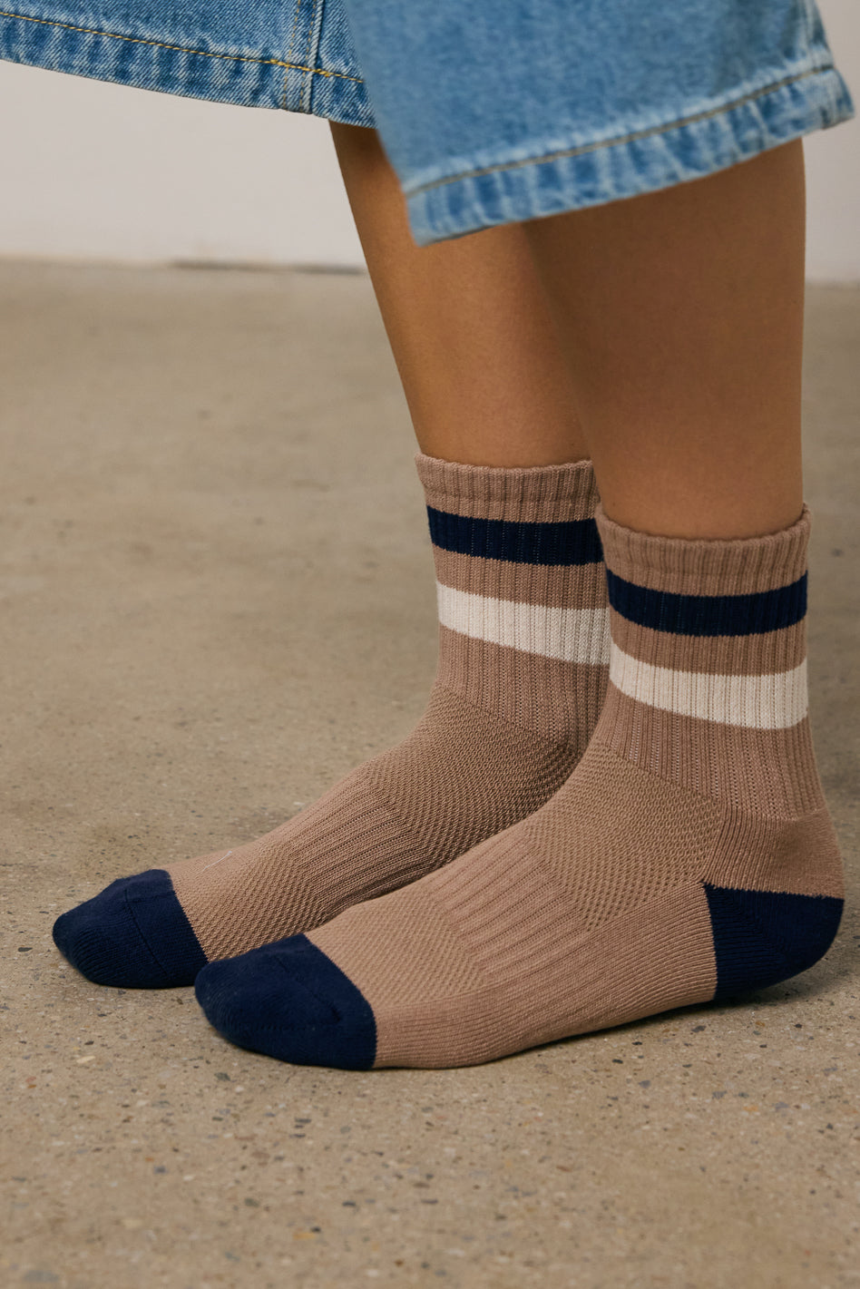 mocha socks with navy stripes