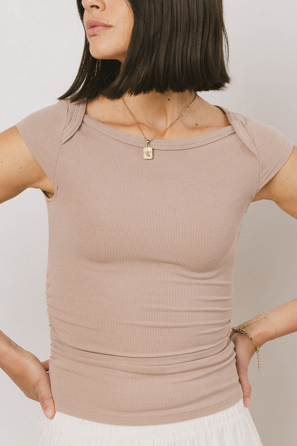 cap sleeve on taupe tees