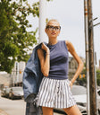 white shorts with blue stripes