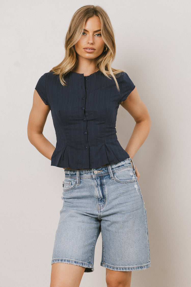Rumi Button Front Blouse in Navy